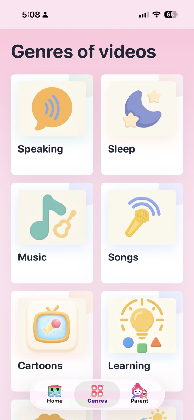 Экран жанров Bonbon: речь, сон, музыка, песни, мультфильмы, обучение