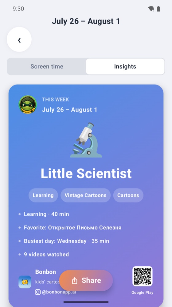 Bonbon weekly insight card: Little Scientist