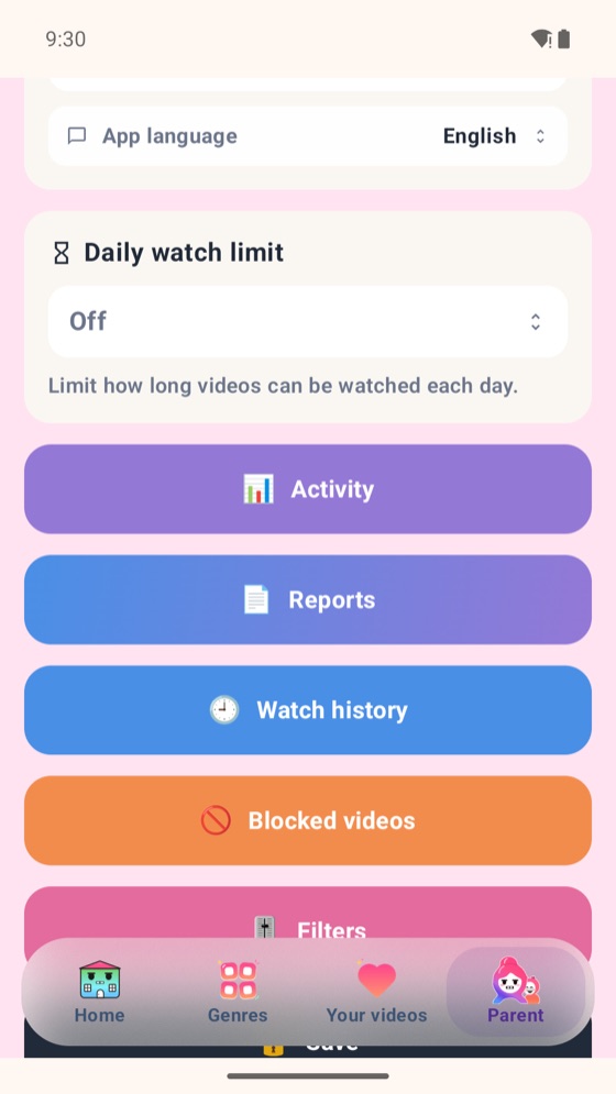 Bonbon parent area: daily watch limit, activity, reports, watch history, blocked videos, filters